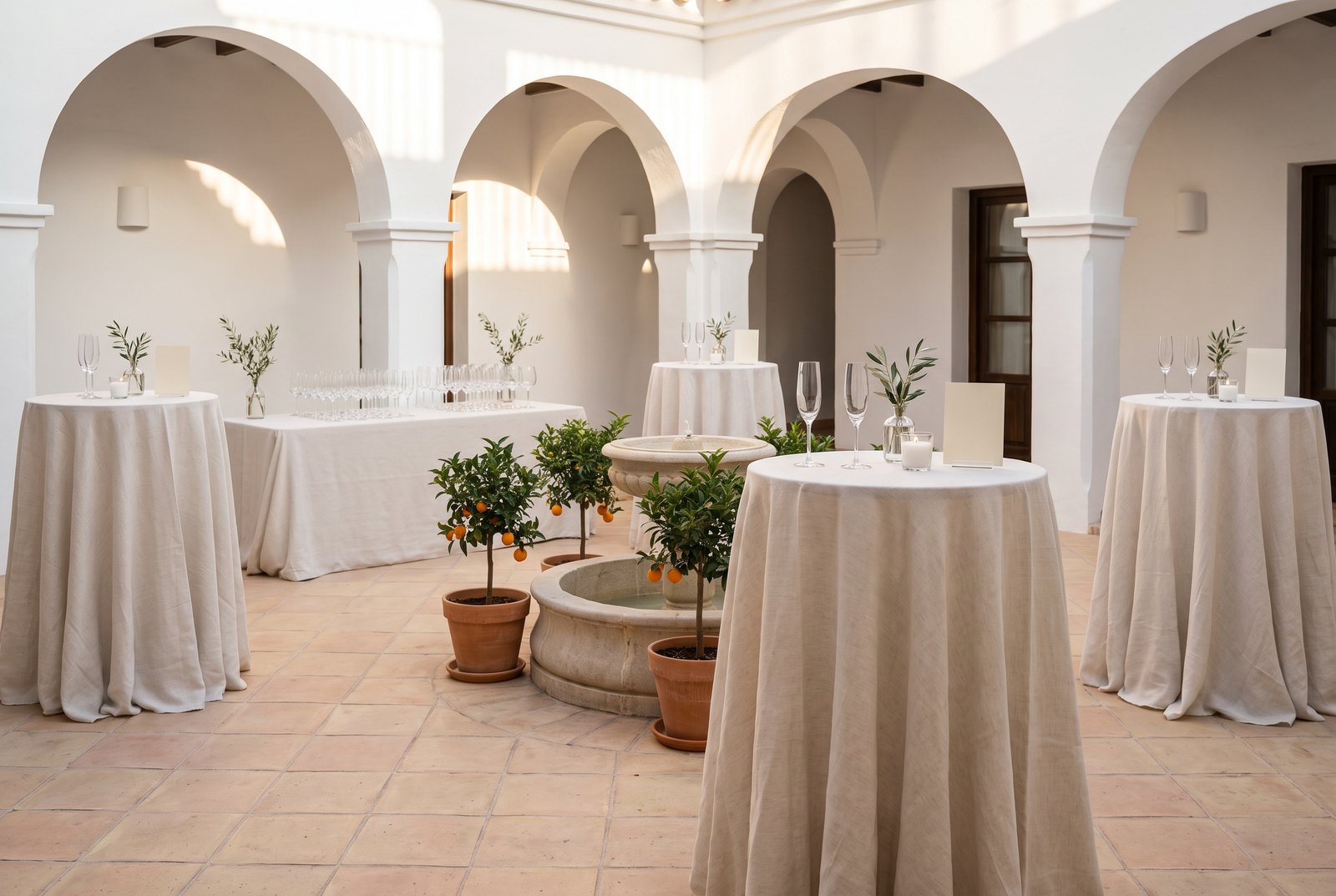 Mesas altas vestidas de lino en el patio de un hotel, con una mesa larga de copas junto a la fuente.