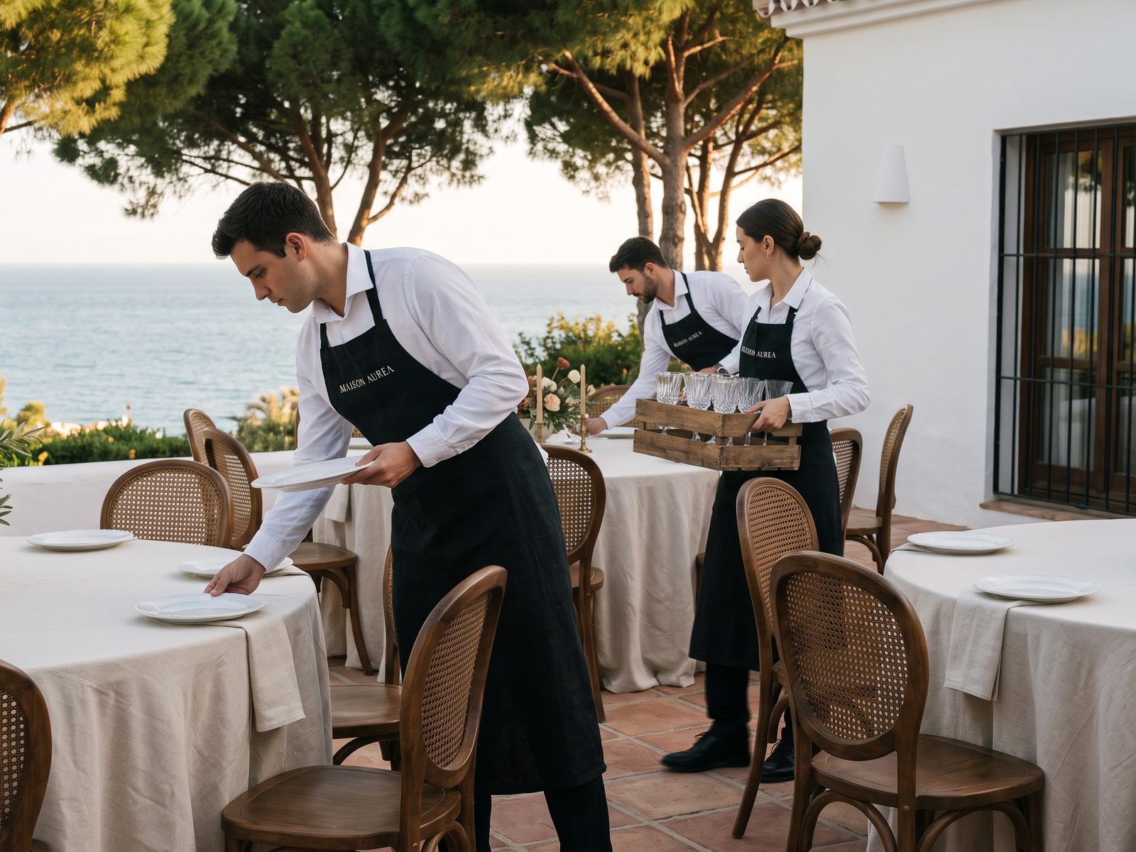 El equipo monta mesas redondas en una terraza
