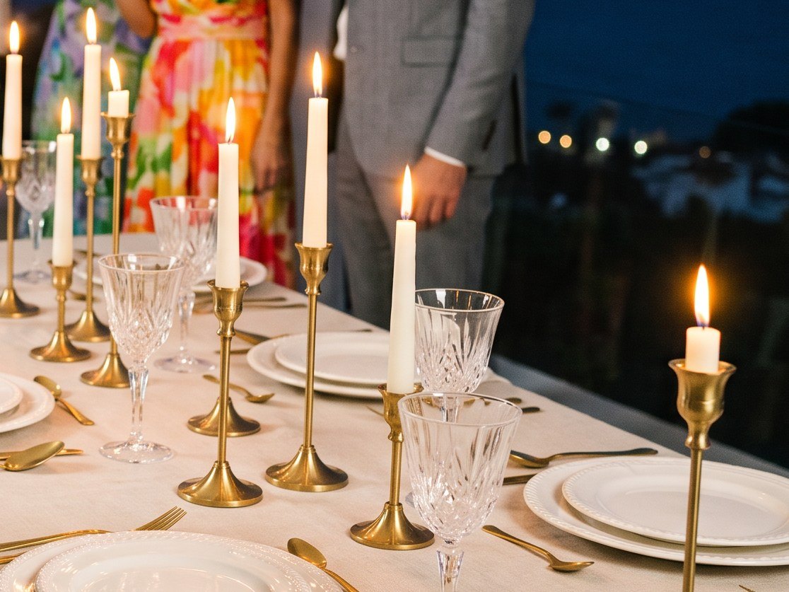 Invitados brindan con cava a la luz de las velas, ante una mesa Brindis