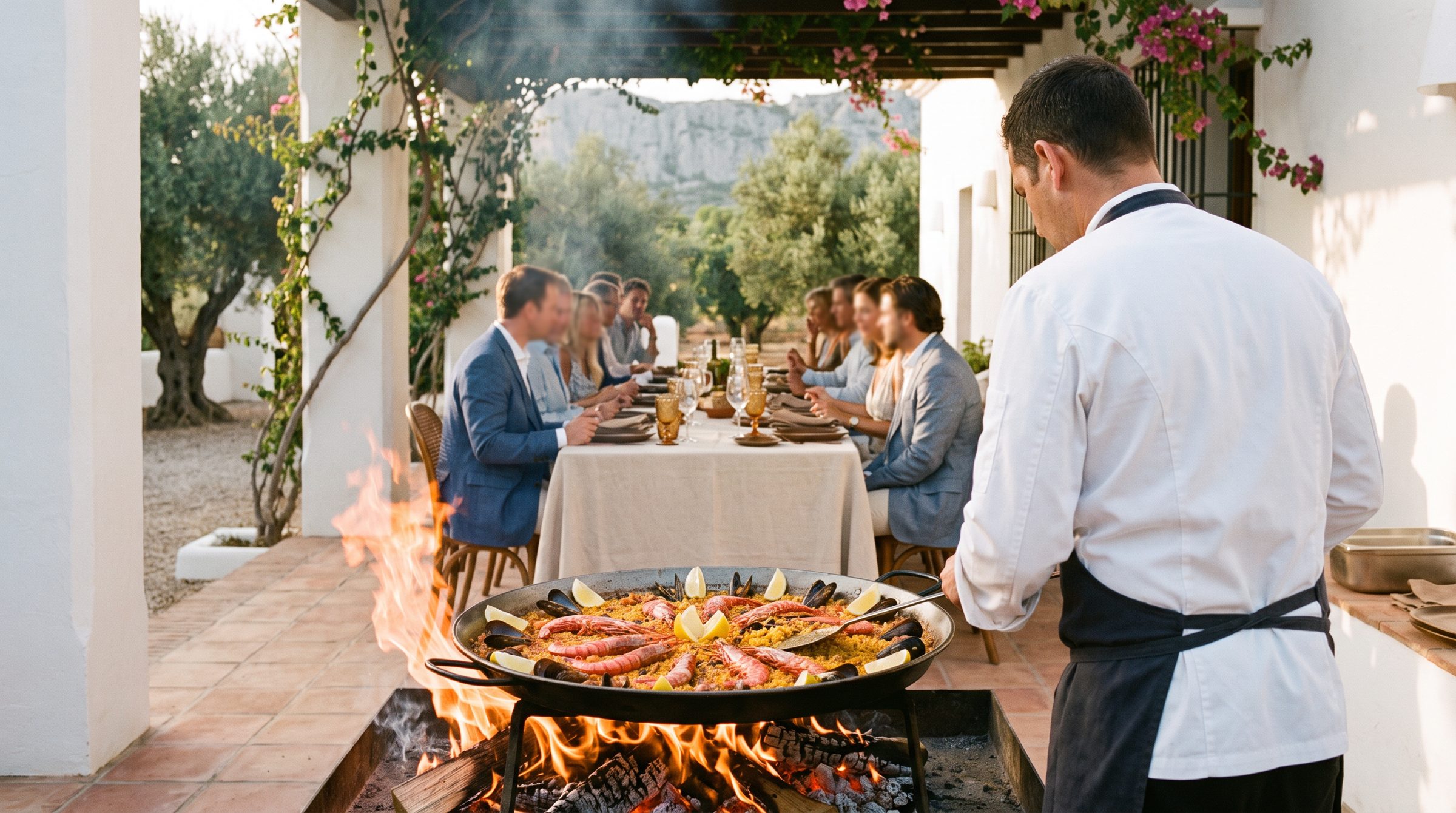 Una paella se cocina sobre un fuego de leña en primer plano, ante una mesa larga bajo la parra