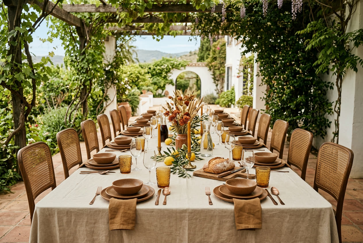 Almuerzo bajo la pérgola de una finca