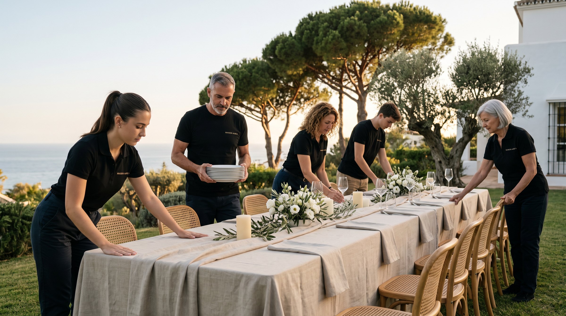 Nuestro equipo, con polos y camisetas negras de Maison Aurea, monta una mesa larga con mantel de lino al atardecer en una villa de Marbella.