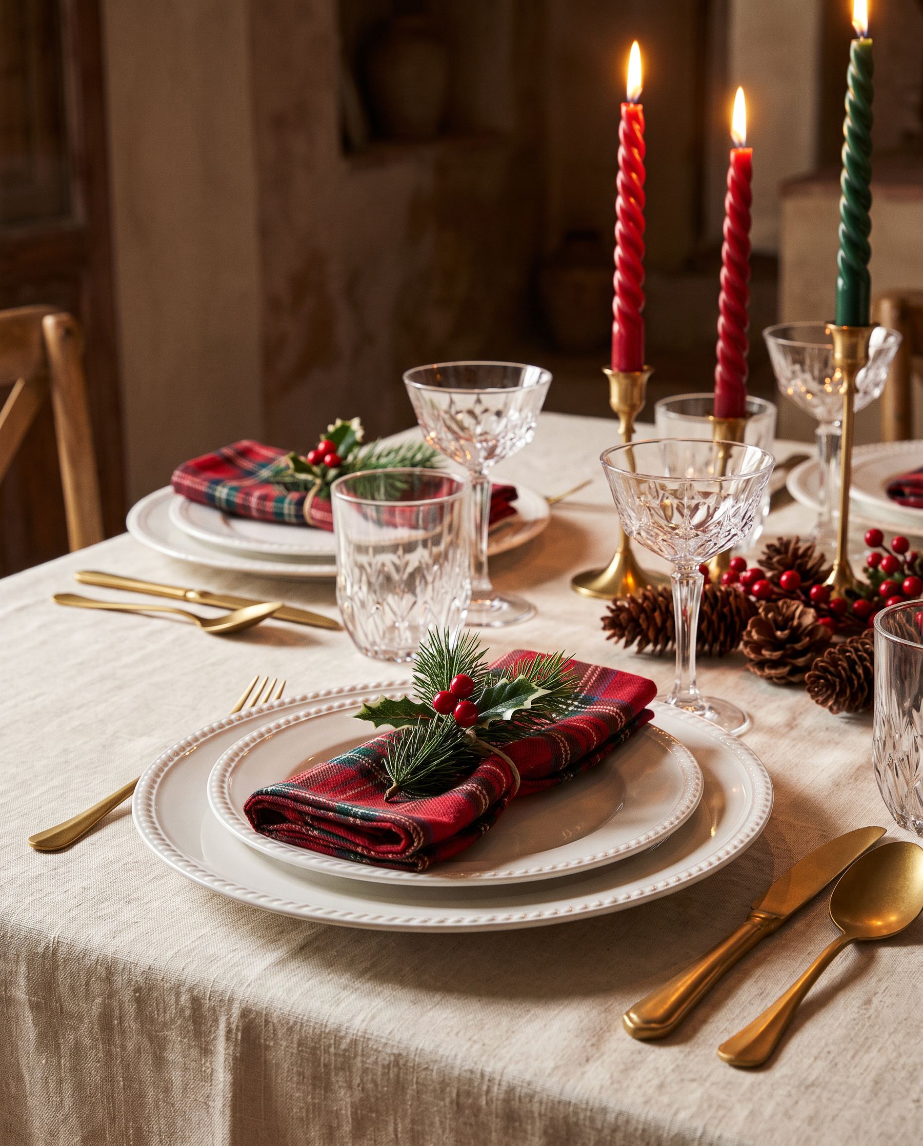 Detalle de una mesa de Navidad con servilleta de tartán