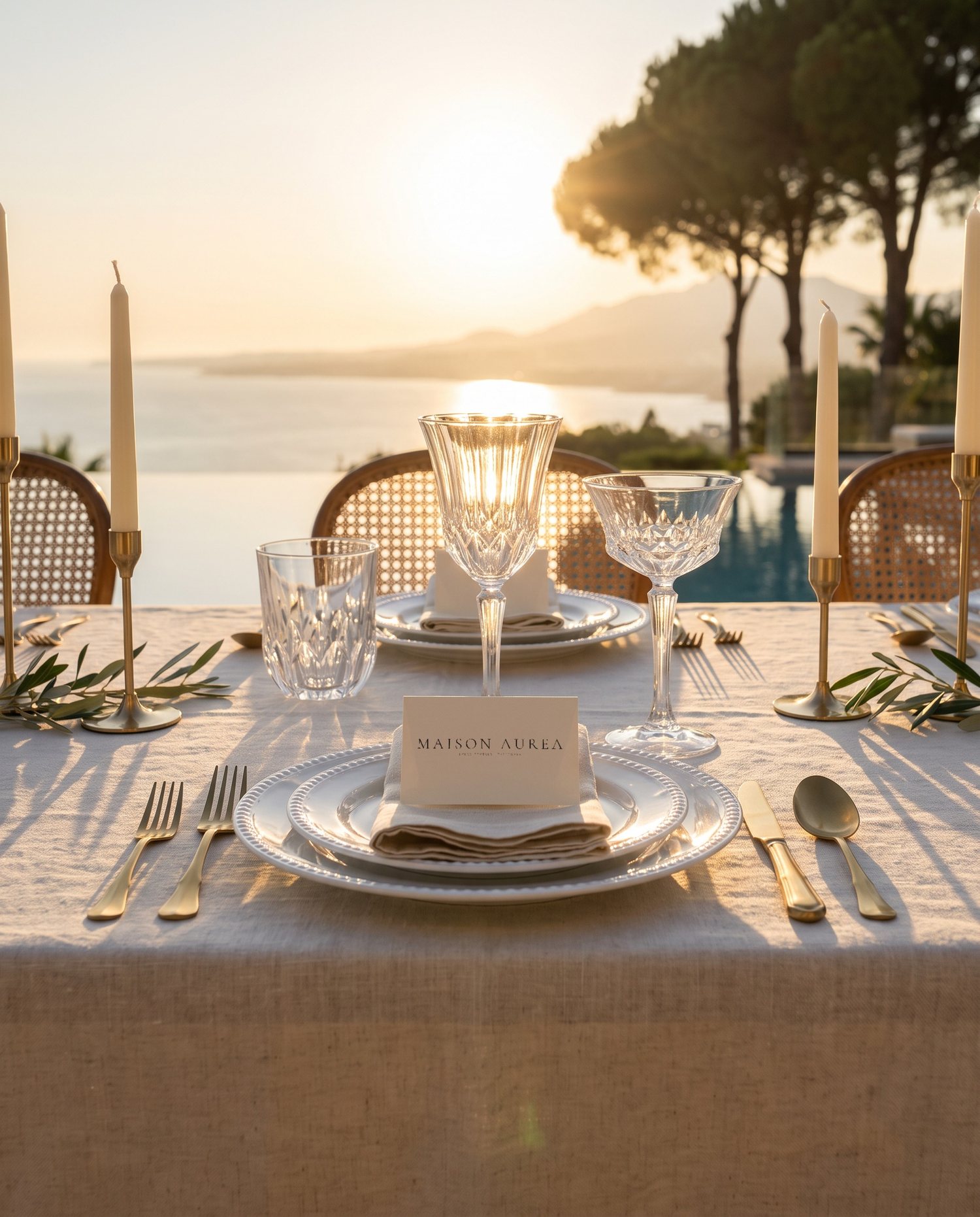 Mesa de evento con la colección BRINDIS al atardecer junto al mar, en la Costa del Sol